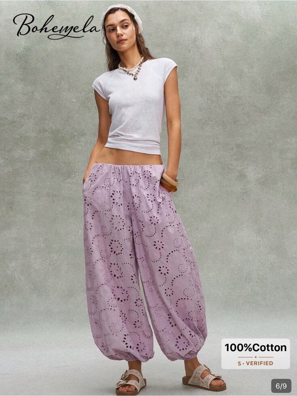 NWT “Bohemela” Bohemian Lavender Eyelet Wide-Leg Harem Pants, Various Sizes
